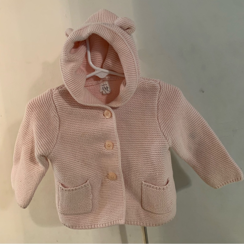 Baby gap knit crochet pink sweater coat  bear ears buttons pockets 6-12 months